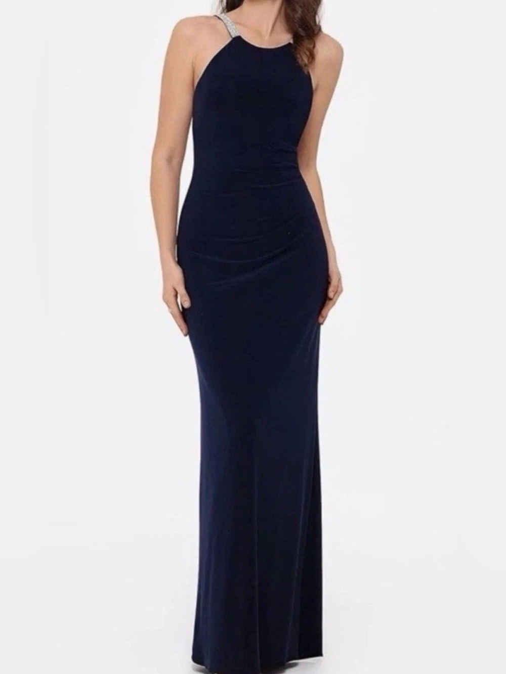 Betsy & Adam Navy Halter Maxi Gown with Embellished Straps Size 4 New